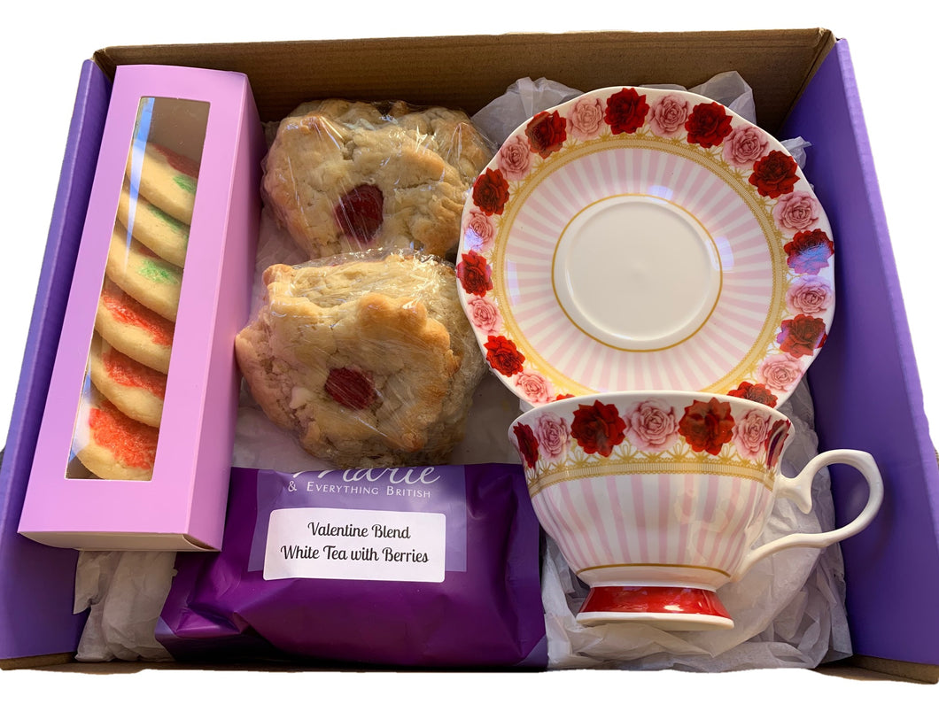 Gift Box with Bone China Rose Pattern Cup and Saucer, Scones, Shortbread and Tea