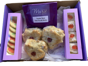 English Pastry Gift Box - Includes Bakewell Tart, Rose Shortbreads, White Chocolate and Raspberry Scones